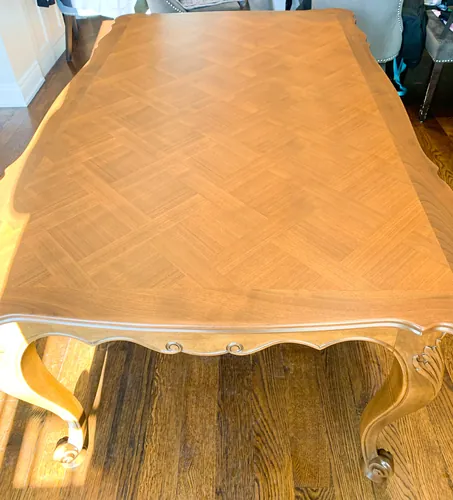 Dining table, parquetry top refinished